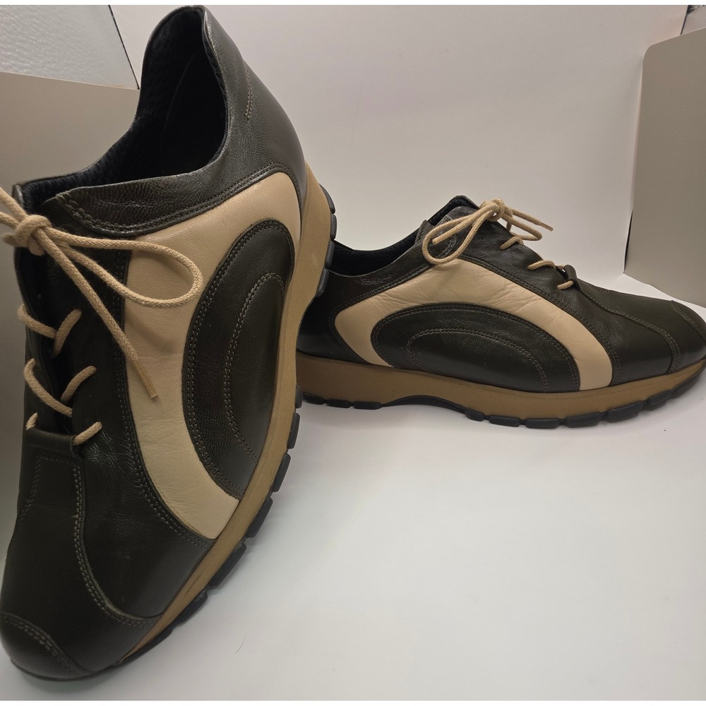 K+S Shoes German Made Leather Deep Olive Green with‎ Cream Stripe Sz 5.5